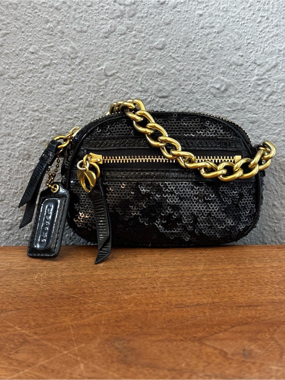 Coach Black Sequin Mini Bag with Gold Chain